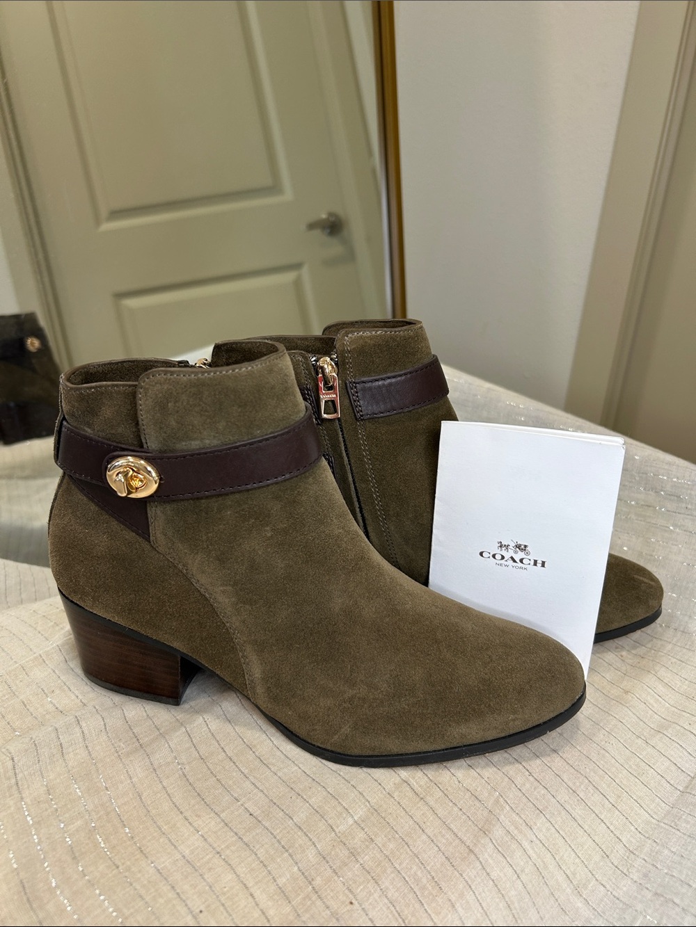 Coach Patricia Suede Ankle Booties – Fatigue Green / Chestnut